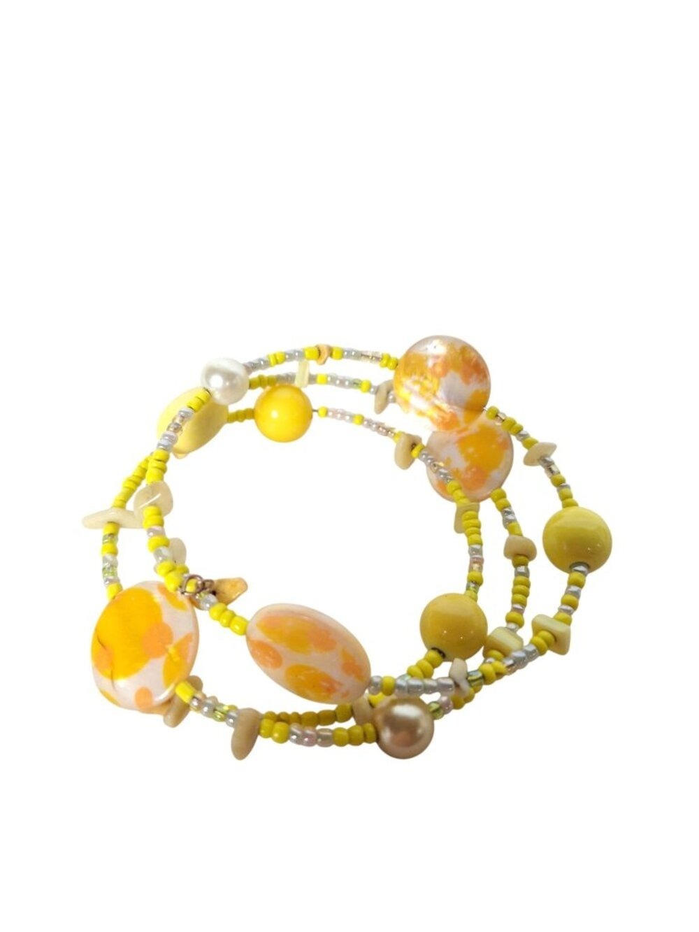 Yellow Beaded Wrap Bracelet Pearl Shell Multi Strand Boho Y2K